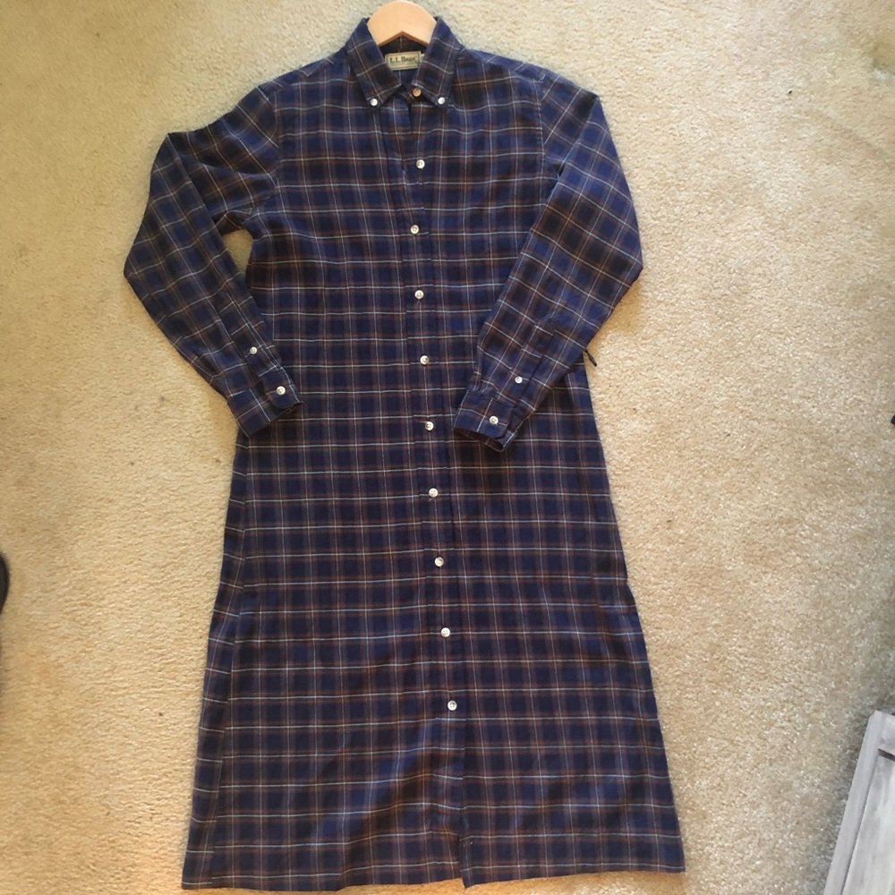 L. L. Bean Vintage Plaid Flannel Maxi Button Down Shirt Dress  Size 10 Womens